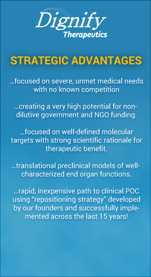 Dignify's strategic advantages: focused on severe, unmet medical needs with no known competition; creating a very high potential for non-dilutive government and NGO funding, focused on well-defined molecular targets with strong scientific rationale for therapeutic benefit; translational preclinical models of well-characterized end organ functions; rapid, inexpensive path to clinical POC using 'repositioning strategy' developed by our founders and successfully implemented across the last 15 years!
